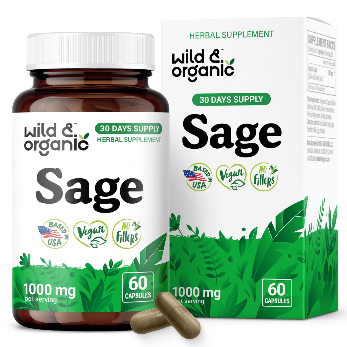Wild & Organic Sage Capsules β 1000 mg Sage per Serving | Brain & Digestive Support