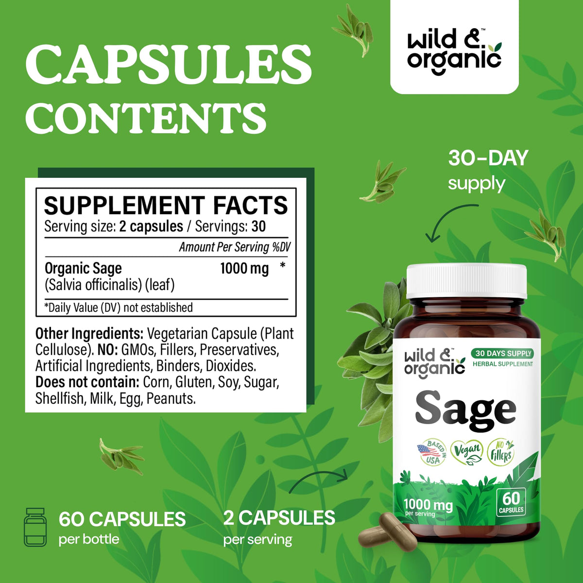 Wild & Organic Sage Capsules β 1000 mg Sage per Serving | Brain & Digestive Support