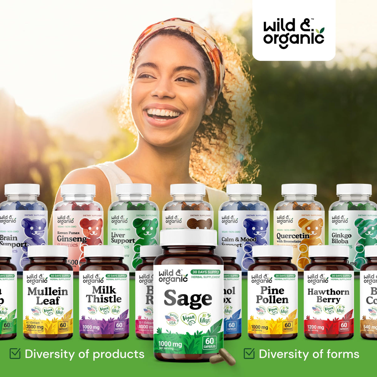 Wild & Organic Sage Capsules β 1000 mg Sage per Serving | Brain & Digestive Support