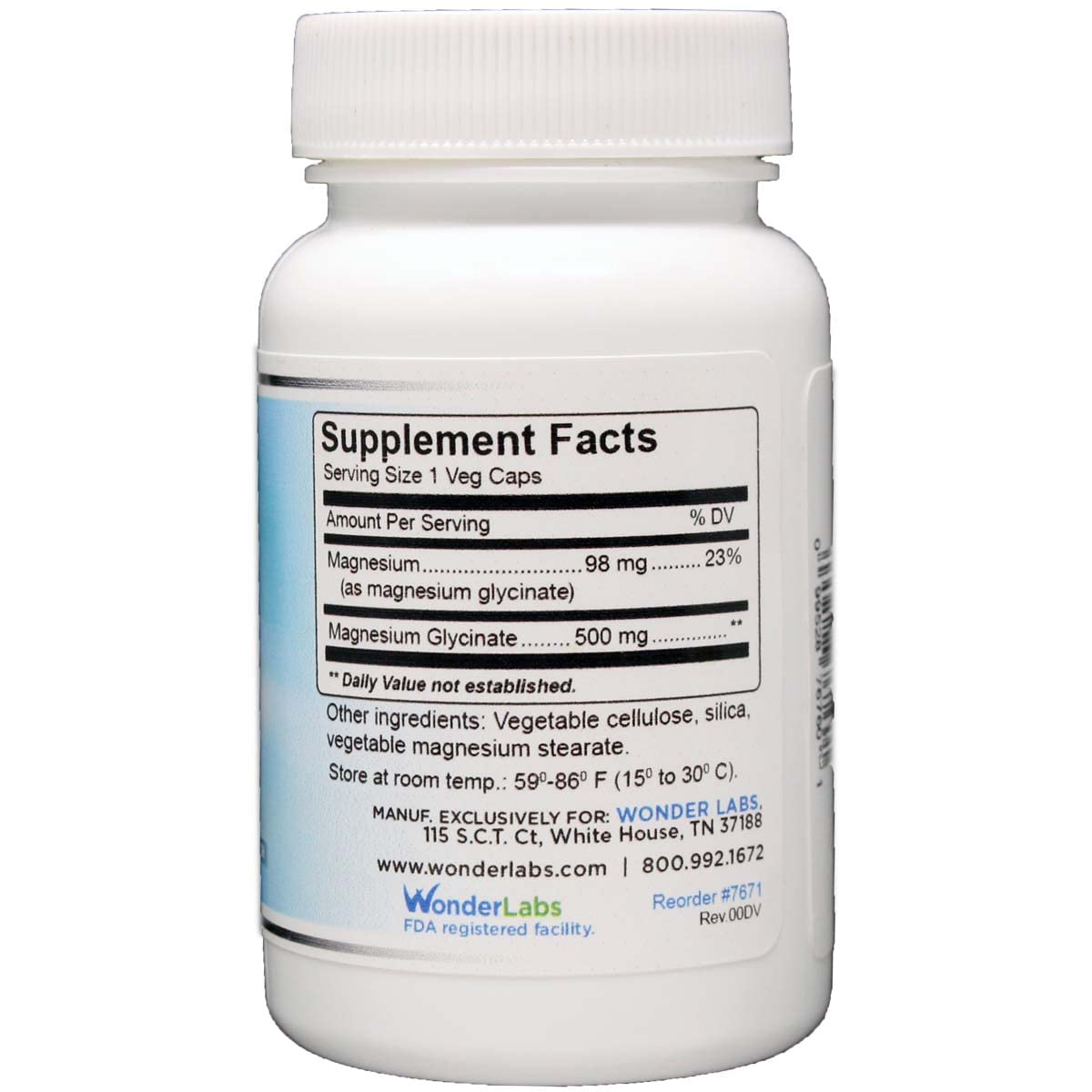 Wonder Laboratories Magnesium Glycinate 500mg β Chelated, Non-GMO, Gluten, Dairy & Soy Free (60)