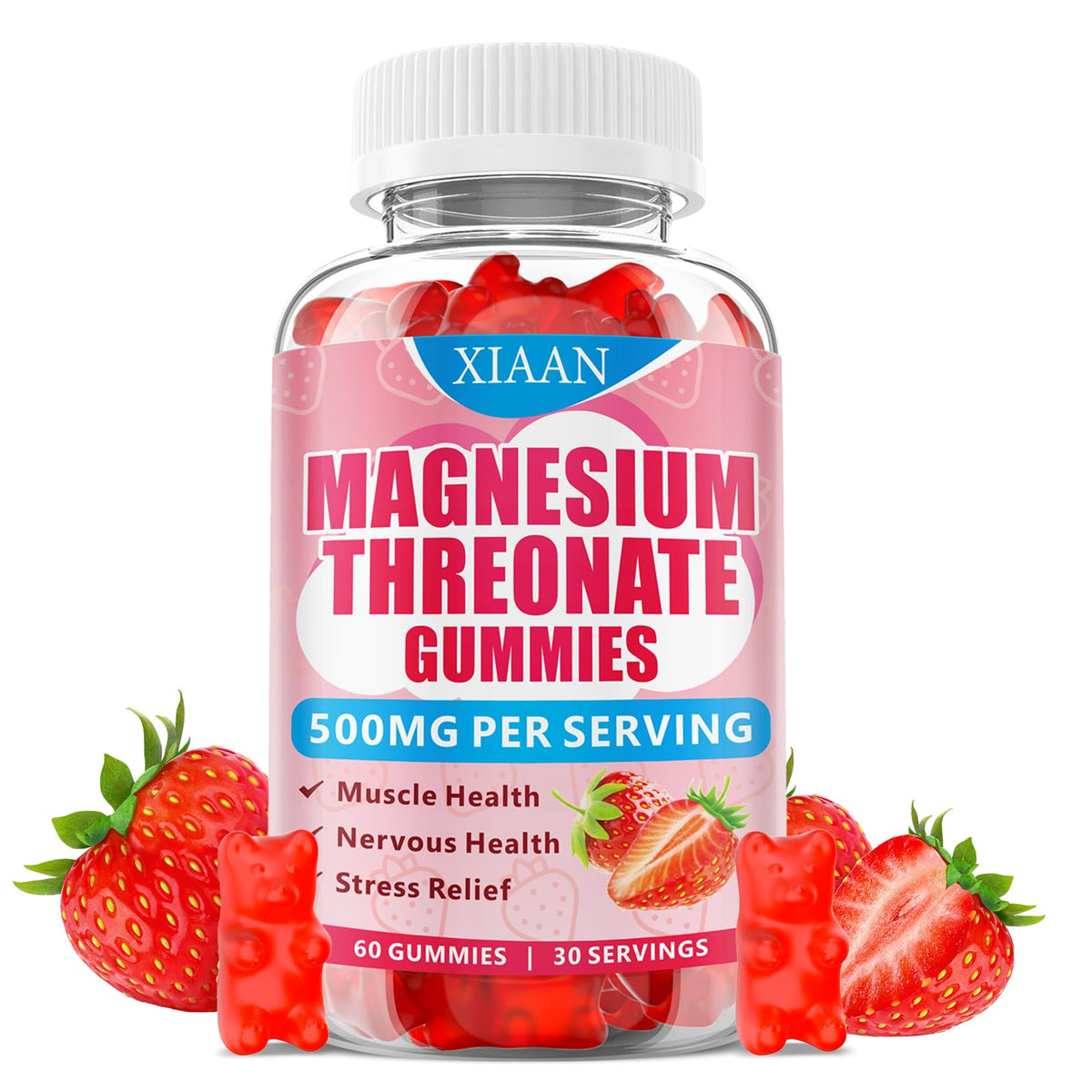 XIAAN Magnesium L-Threonate Gummies 500mg β Sugar-Free Strawberry 60 Count