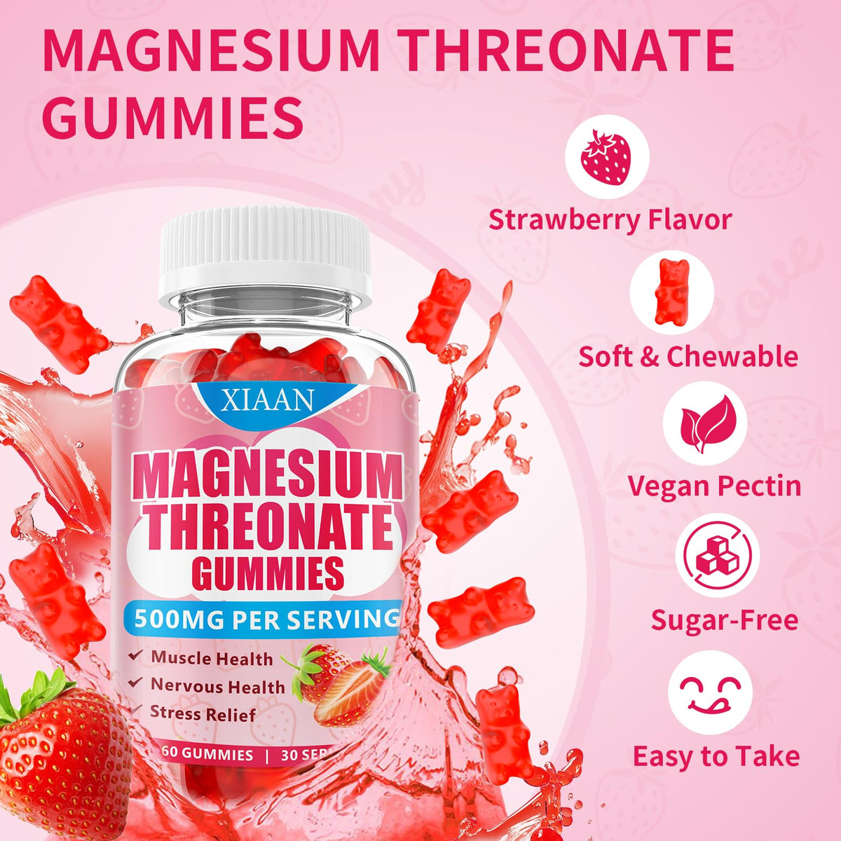 XIAAN Magnesium L-Threonate Gummies 500mg β Sugar-Free Strawberry 60 Count
