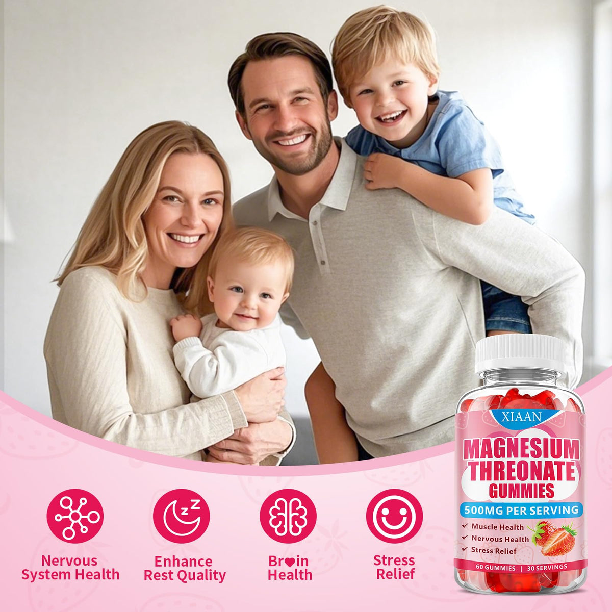 XIAAN Magnesium L-Threonate Gummies 500mg β Sugar-Free Strawberry 60 Count
