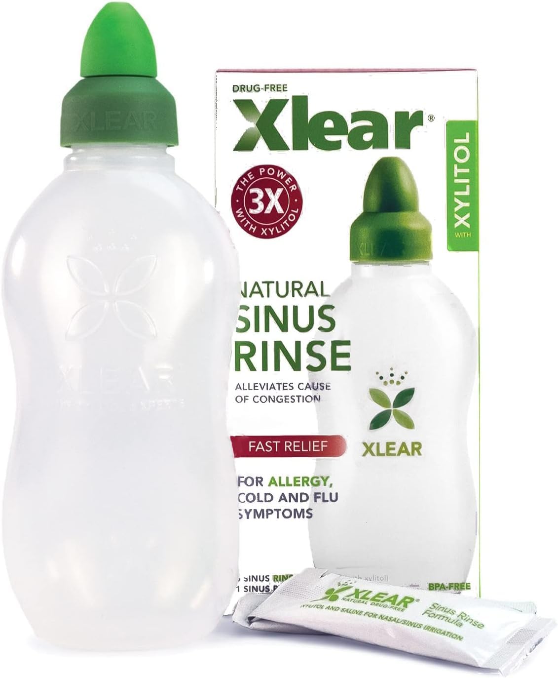 Xlear Natural Xylitol Nasal Irrigation System β 6 Saline Packets + Sinus Rinse Bottle