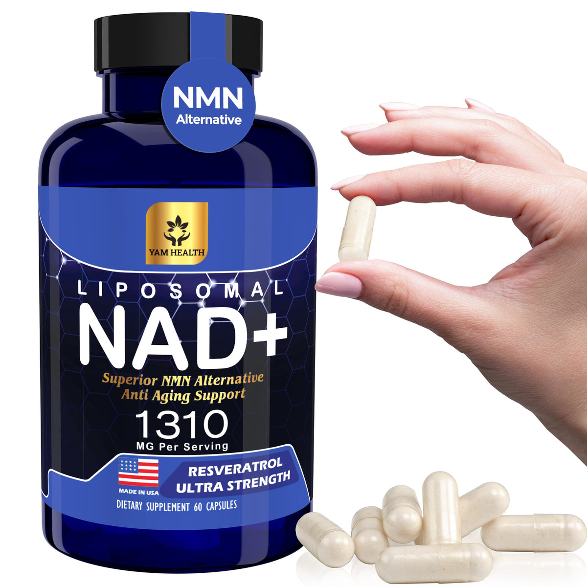 YAM Health Liposomal NAD+ with Trans-Resveratrol β Premium Halal NAD Supplement for Energy Metabolism, DNA Repair & Longevity (Vegan, Non-GMO, 60 Count)
