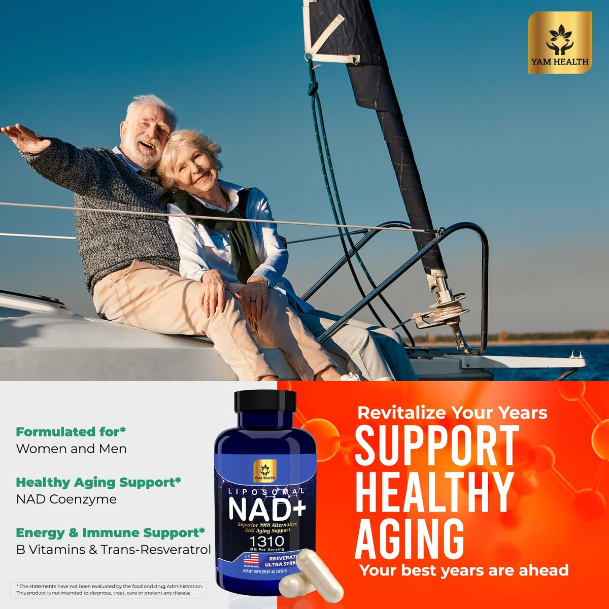 YAM Health Liposomal NAD+ with Trans-Resveratrol β Premium Halal NAD Supplement for Energy Metabolism, DNA Repair & Longevity (Vegan, Non-GMO, 60 Count)