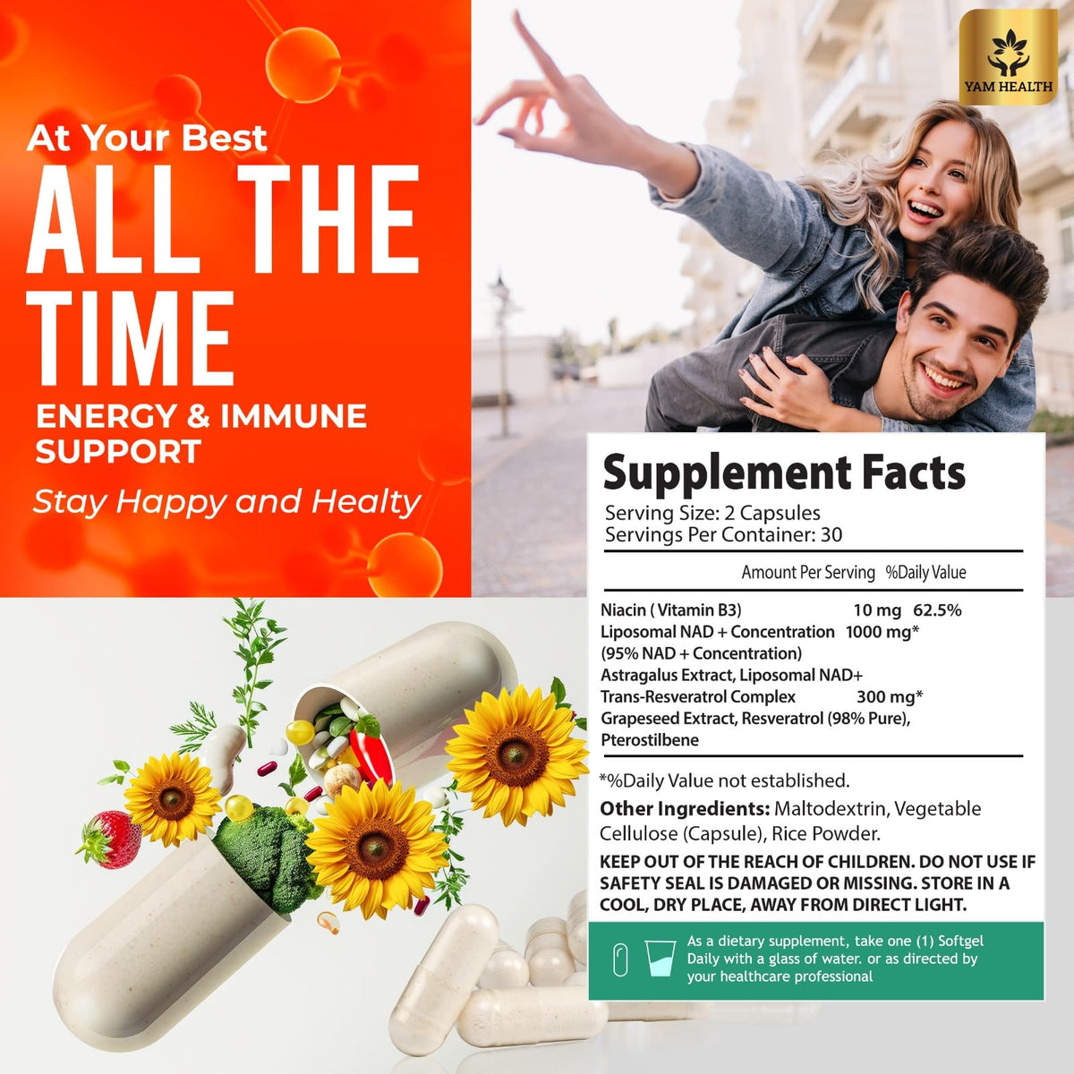 YAM Health Liposomal NAD+ with Trans-Resveratrol β Premium Halal NAD Supplement for Energy Metabolism, DNA Repair & Longevity (Vegan, Non-GMO, 60 Count)