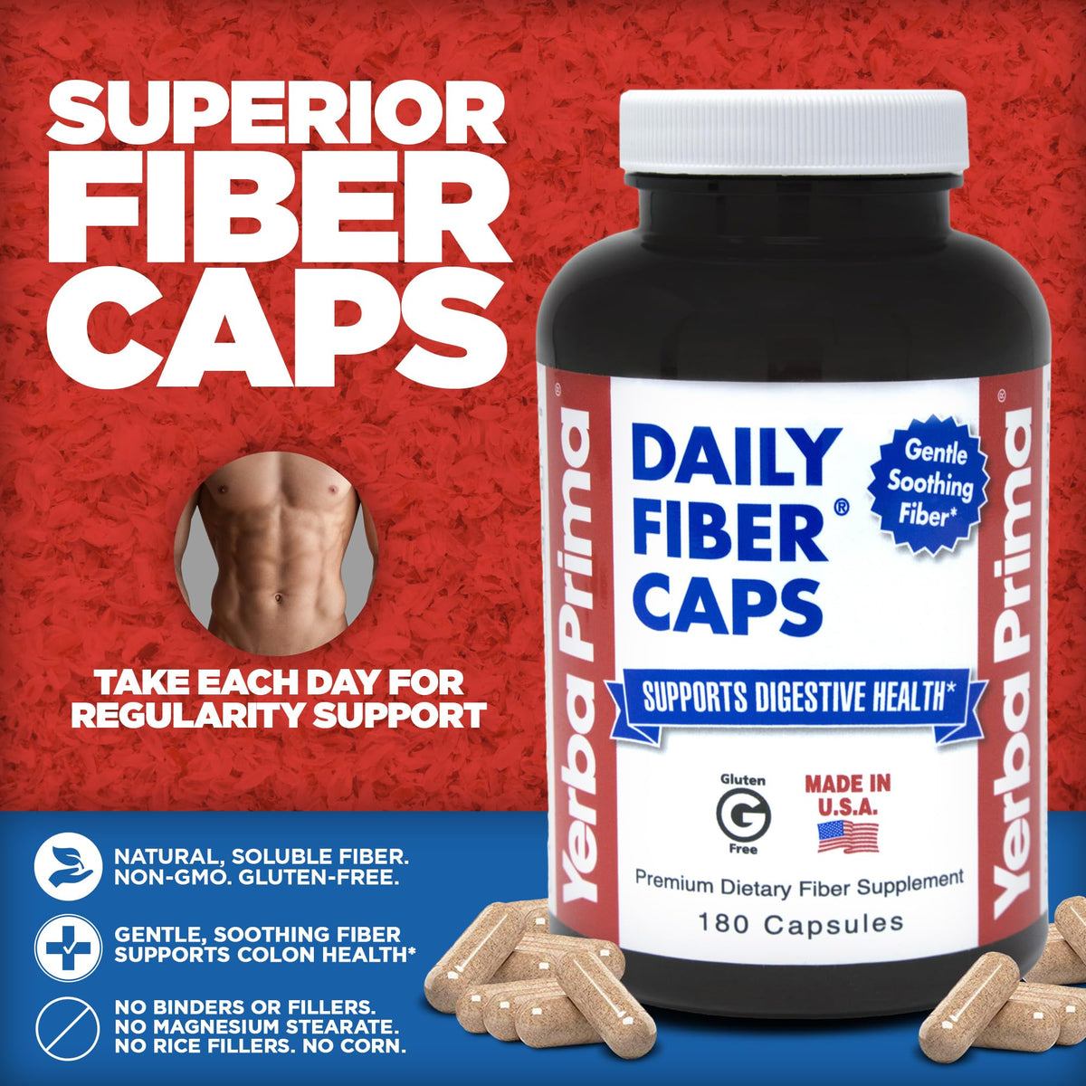 Yerba Prima Daily Fiber Caps β 180 Capsules | Soluble & Insoluble Fiber for Gut Health