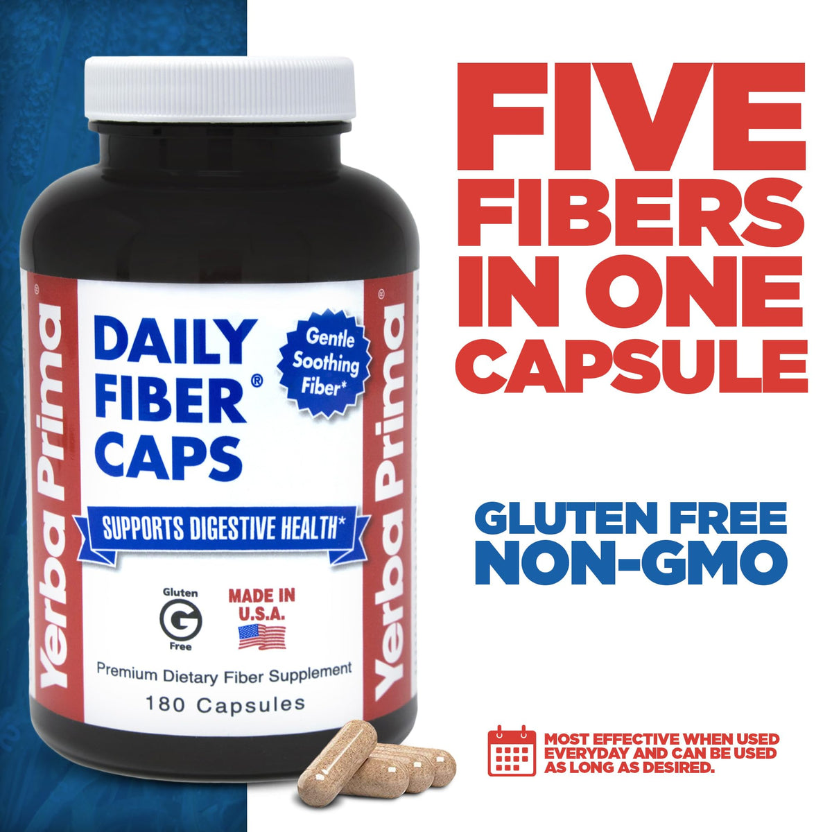 Yerba Prima Daily Fiber Caps β 180 Capsules | Soluble & Insoluble Fiber for Gut Health