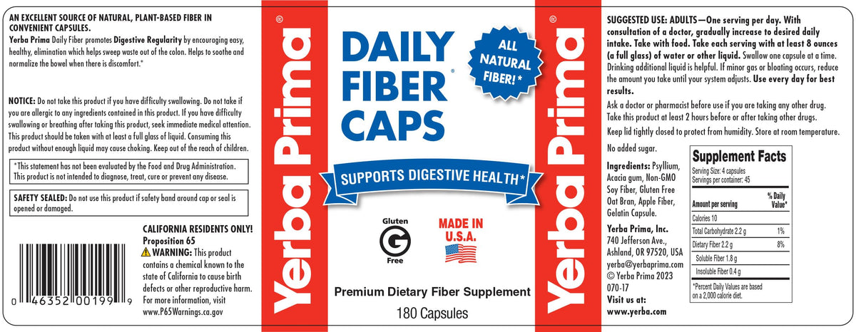 Yerba Prima Daily Fiber Caps β 180 Capsules | Soluble & Insoluble Fiber for Gut Health