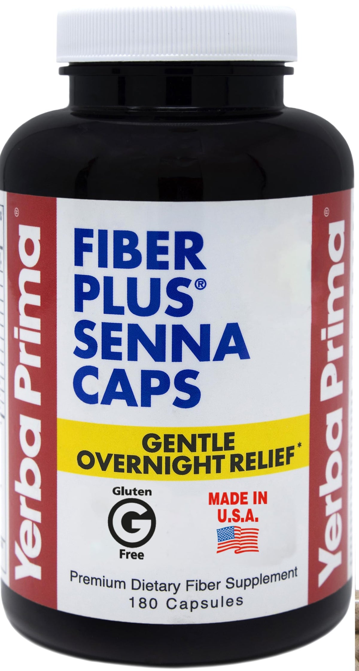 Yerba Prima Fiber Plus Senna Capsules β 180 Count, Gentle Overnight Relief, USA Made, Non-GMO, Gluten-Free