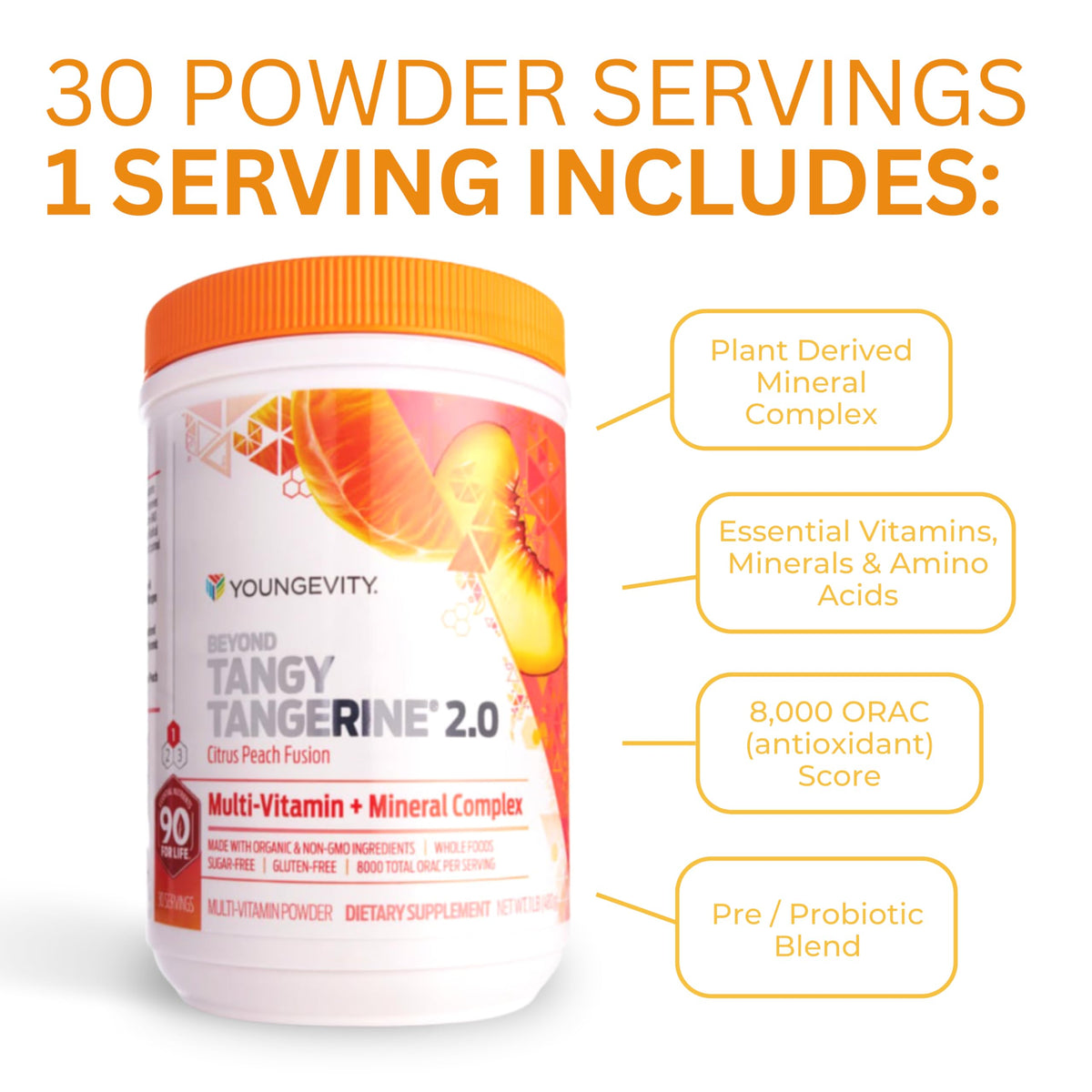 Youngevity Beyond Tangy Tangerine 2.0 Citrus Peach Fusion β 8000 ORAC Multivitamin & Mineral, 6-Pack