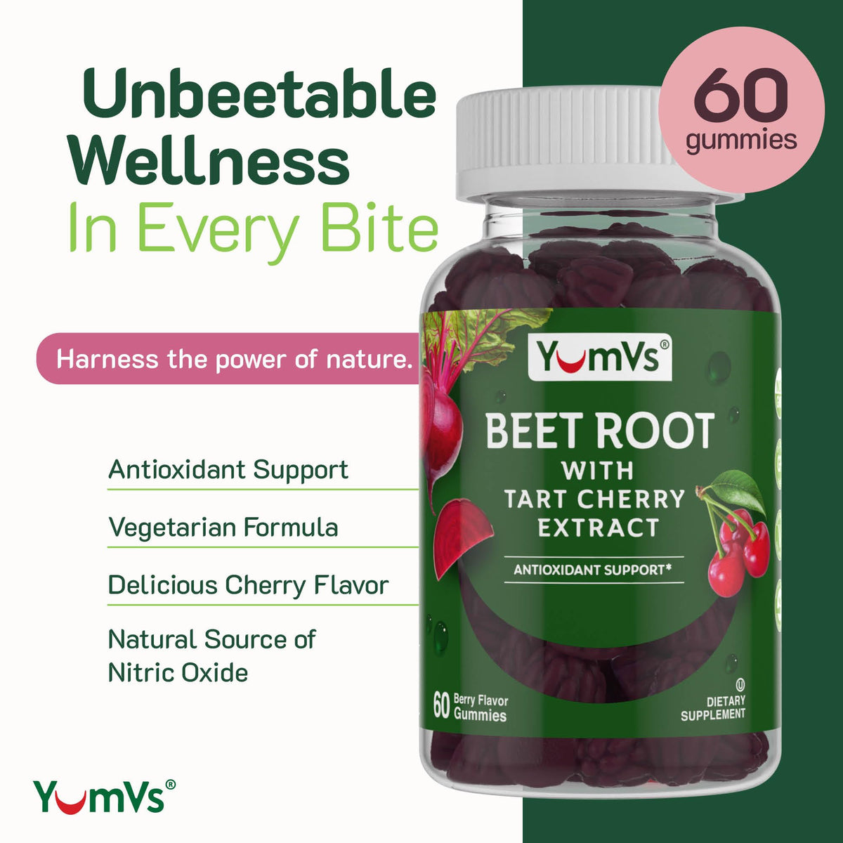 YUM-V'S Beet Root Gummies with Tart Cherry β Berry Flavor for Blood Circulation & Antioxidants