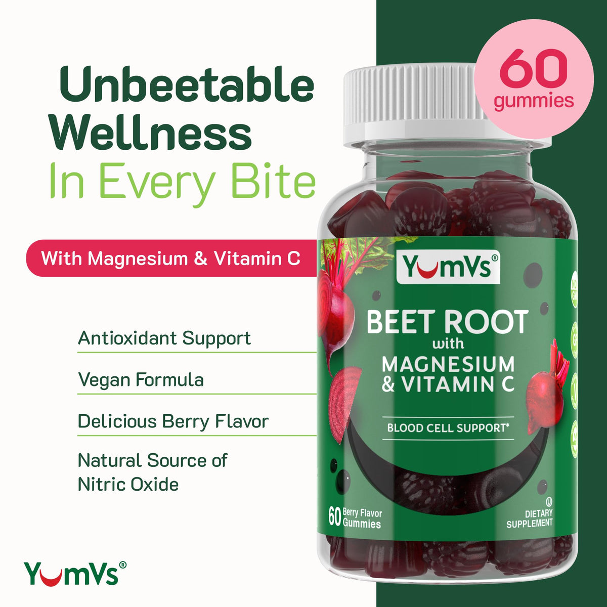 YumVs Beet Root Gummies with Magnesium & Vitamin C β Berry Flavor (60 Count)