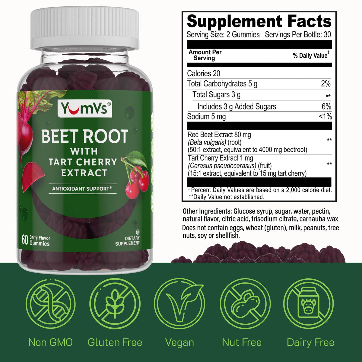 YUM-V'S Beet Root Gummies with Tart Cherry β Berry Flavor for Blood Circulation & Antioxidants