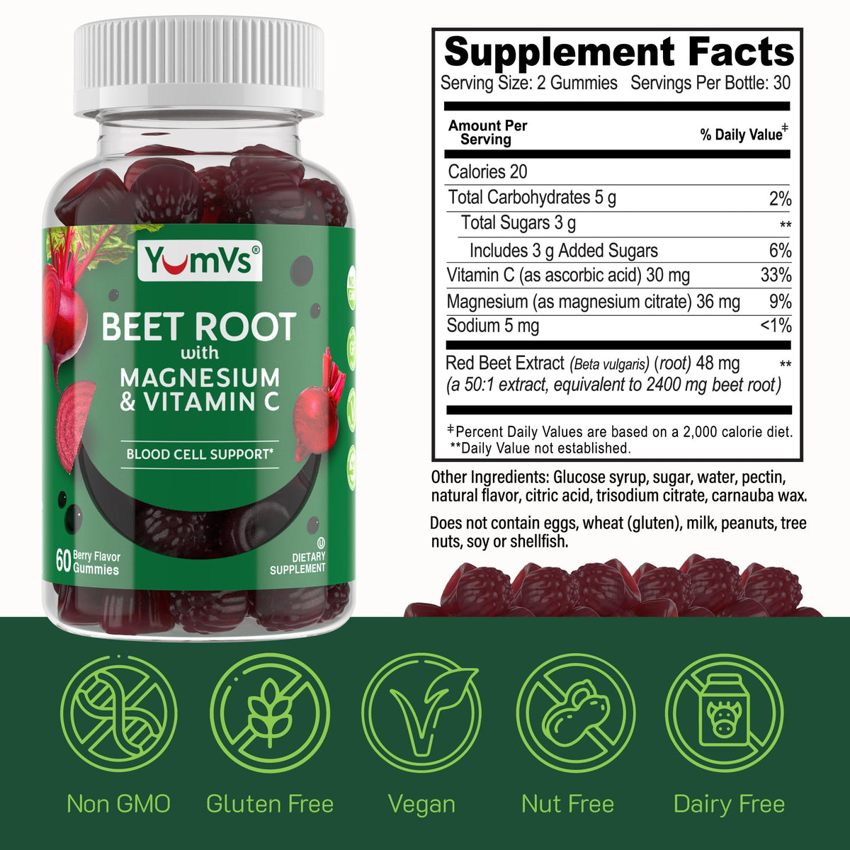 YumVs Beet Root Gummies with Magnesium & Vitamin C β Berry Flavor (60 Count)