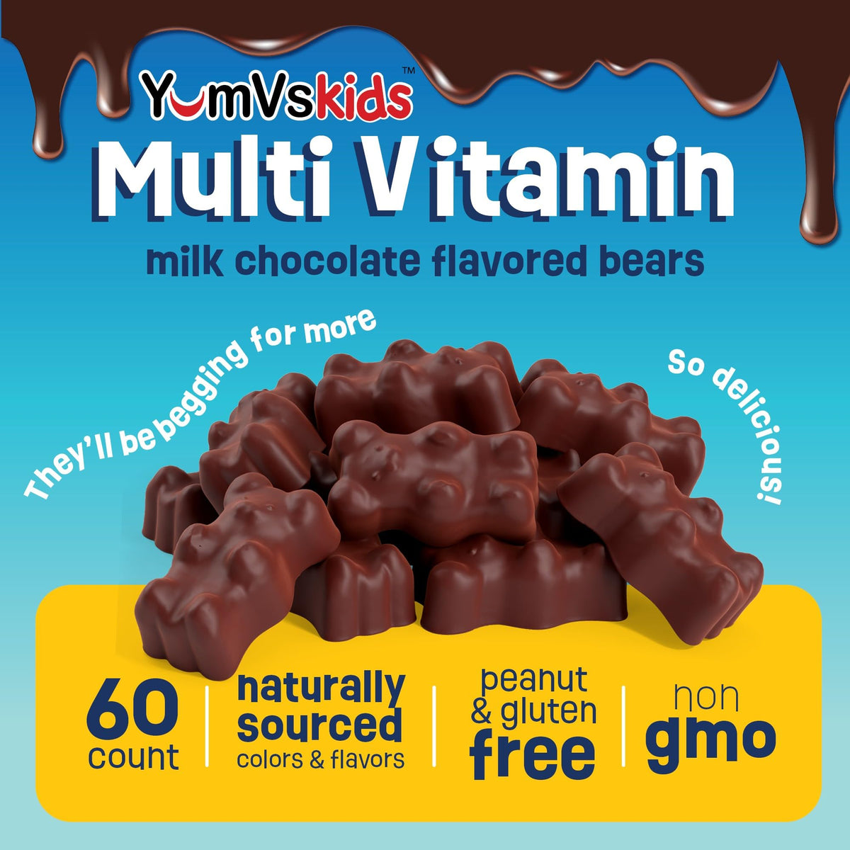 YUM-V'S Orsetti Multivitaminici al Cioccolato per Bambini – 60 Conteggi, 16 Vitamine e Minerali
