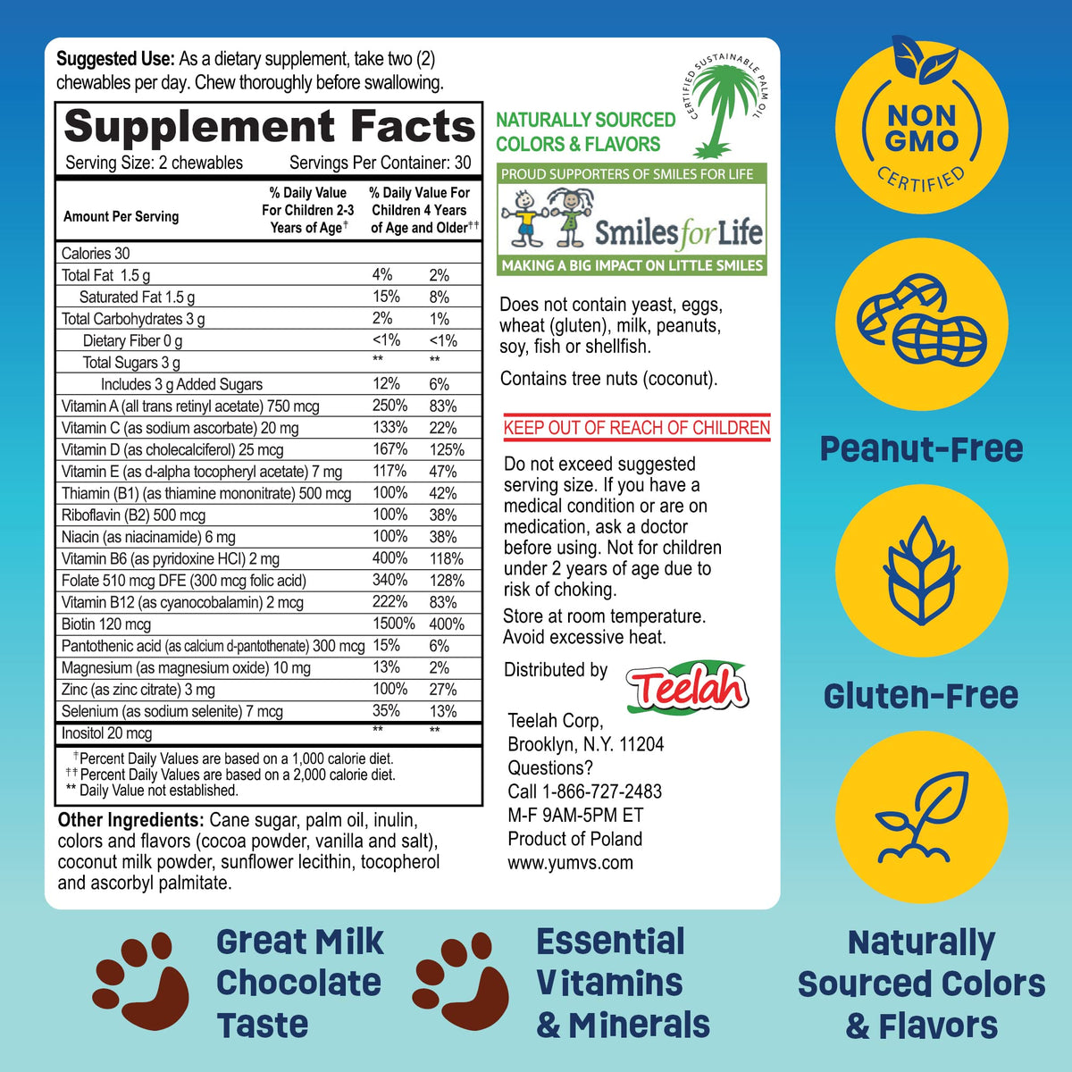 YUM-V'S Orsetti Multivitaminici al Cioccolato per Bambini – 60 Conteggi, 16 Vitamine e Minerali