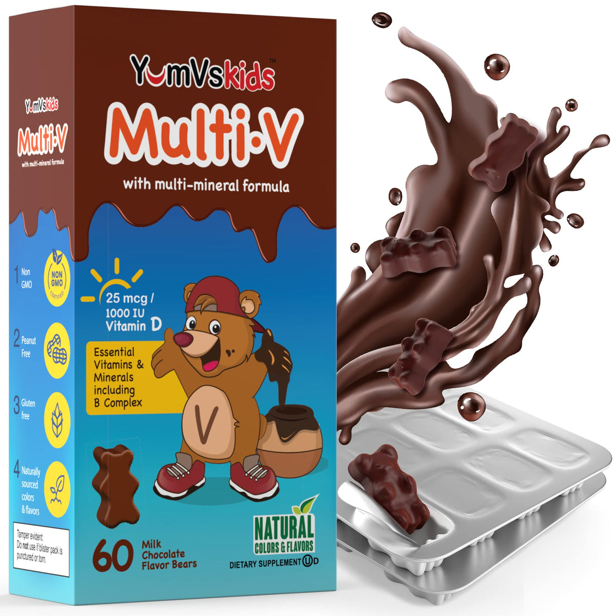 YUM-V'S Orsetti Multivitaminici al Cioccolato per Bambini – 60 Conteggi, 16 Vitamine e Minerali