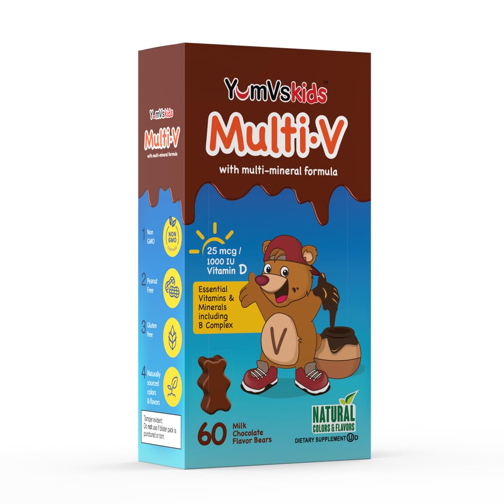 YUM-V'S Orsetti Multivitaminici al Cioccolato per Bambini – 60 Conteggi, 16 Vitamine e Minerali