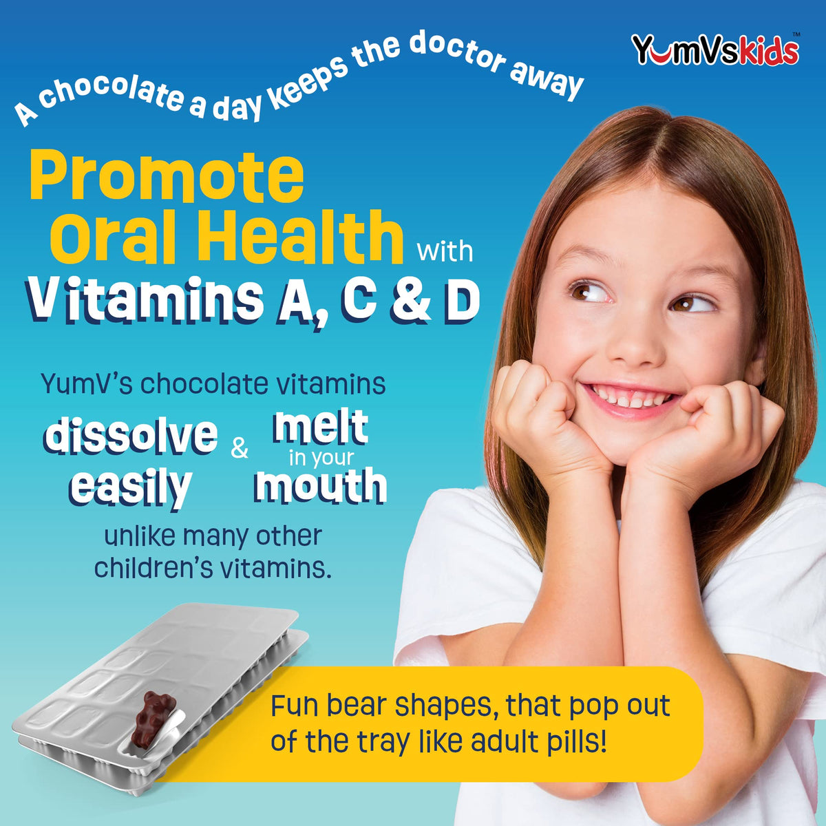 YUM-V'S Orsetti Multivitaminici al Cioccolato per Bambini – 60 Conteggi, 16 Vitamine e Minerali