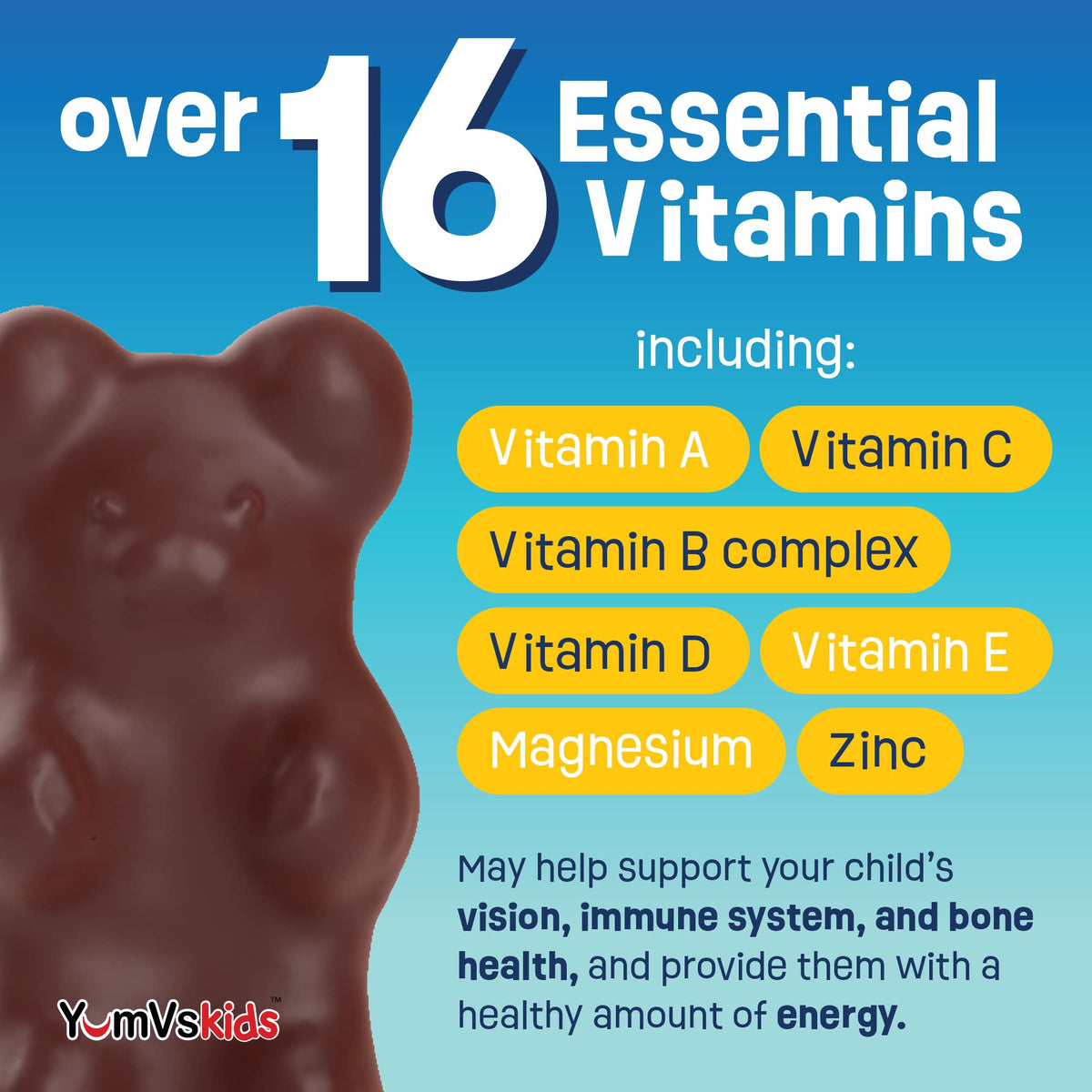 YUM-V'S Orsetti Multivitaminici al Cioccolato per Bambini – 60 Conteggi, 16 Vitamine e Minerali