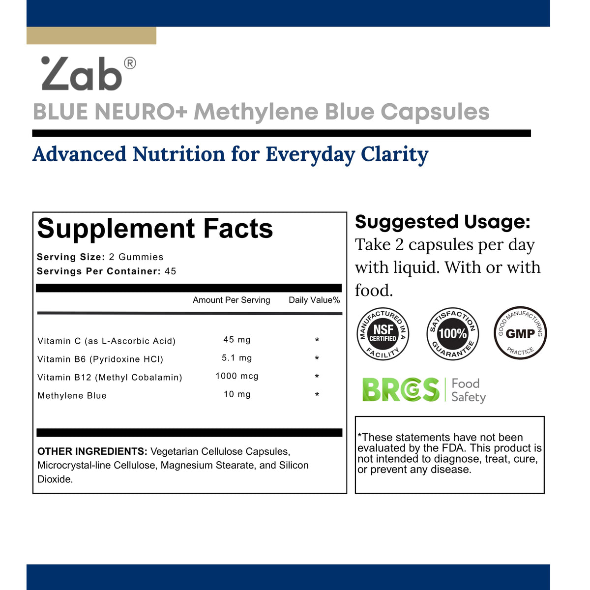 ZAB Methylene Blue Capsules | Brain Support with Vitamin C & B Complex β 10 mg USP Grade