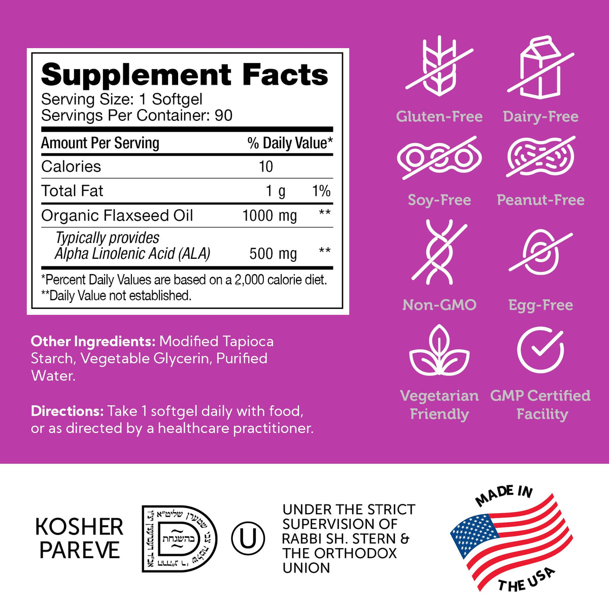 Zahler Organic Flaxseed Oil 1000mg Softgels β 90 Count | Organic Omega-3 ALA