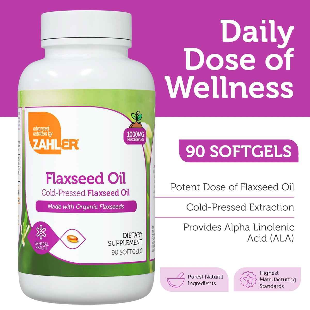 Zahler Organic Flaxseed Oil 1000mg Softgels β 90 Count | Organic Omega-3 ALA