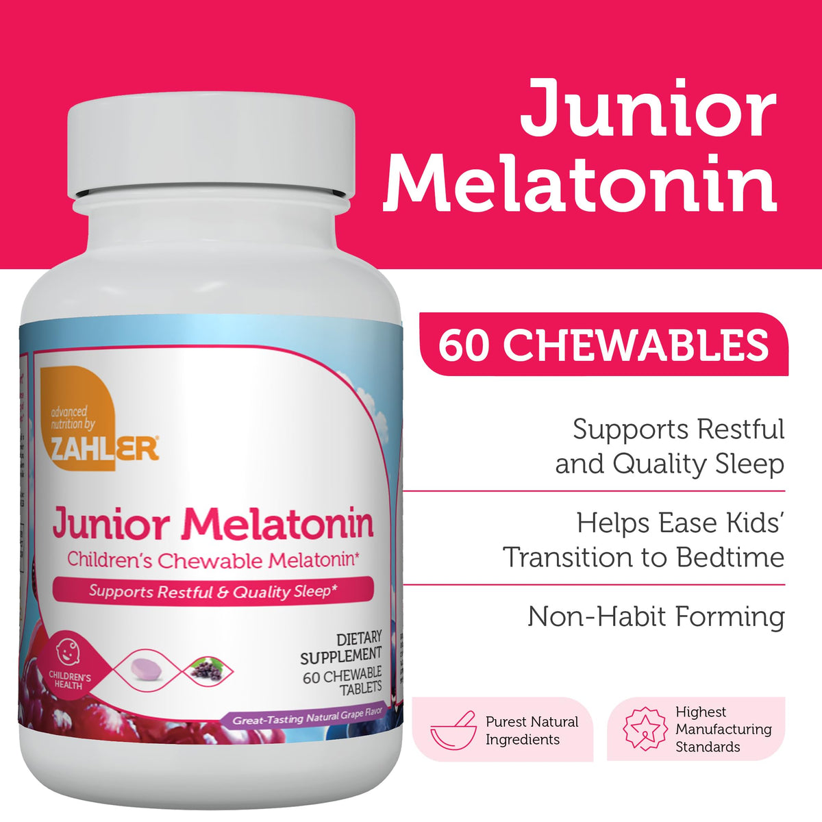 Zahler 1mg Kids Melatonin β Sleep Support for Ages 4+ | Grape Flavor, Kosher, Non-GMO (60 ct)