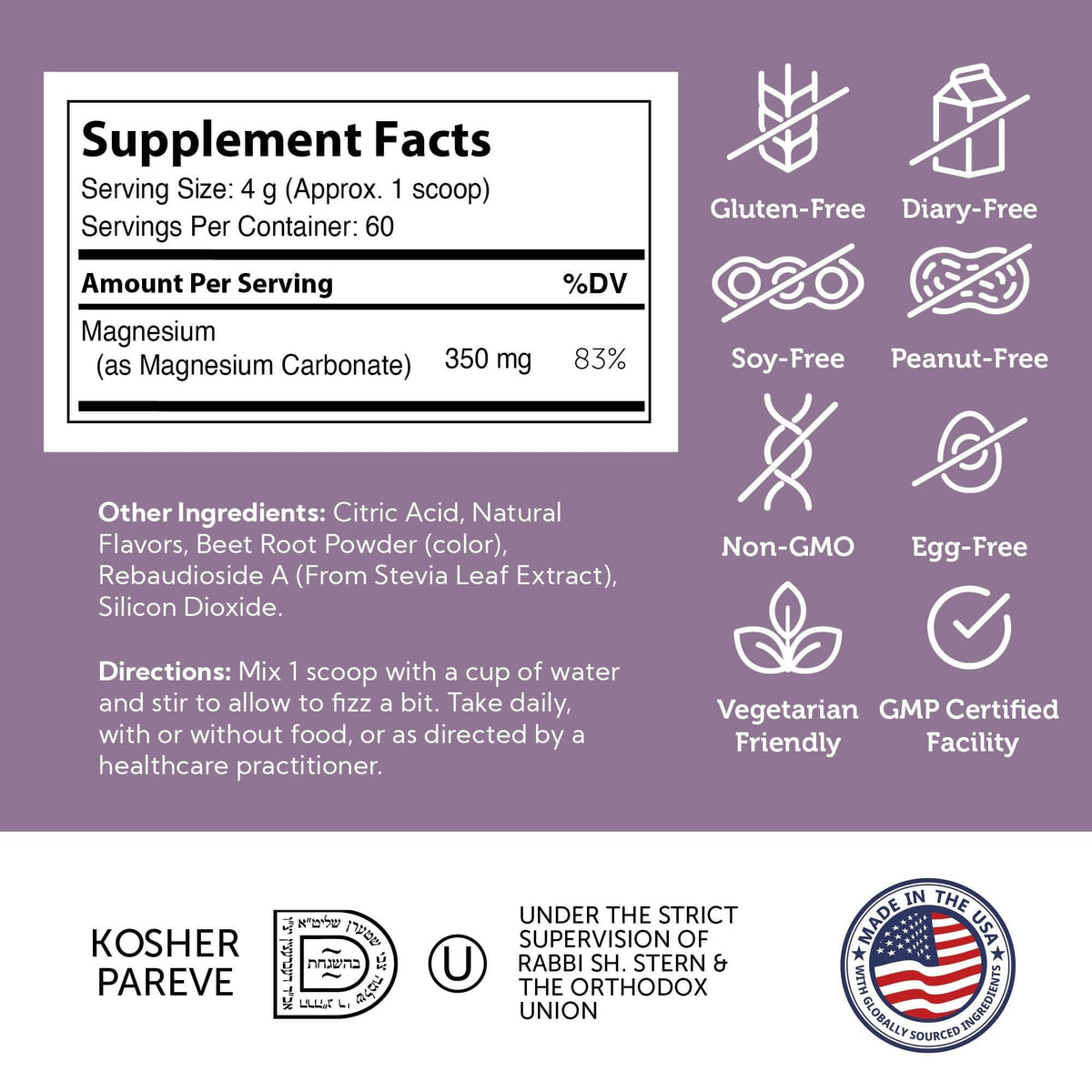 Zahler Magnesium Powder Mix for Water β Raspberry Lemon Flavor, Magnesium Citrate, Kosher, 8.5 oz