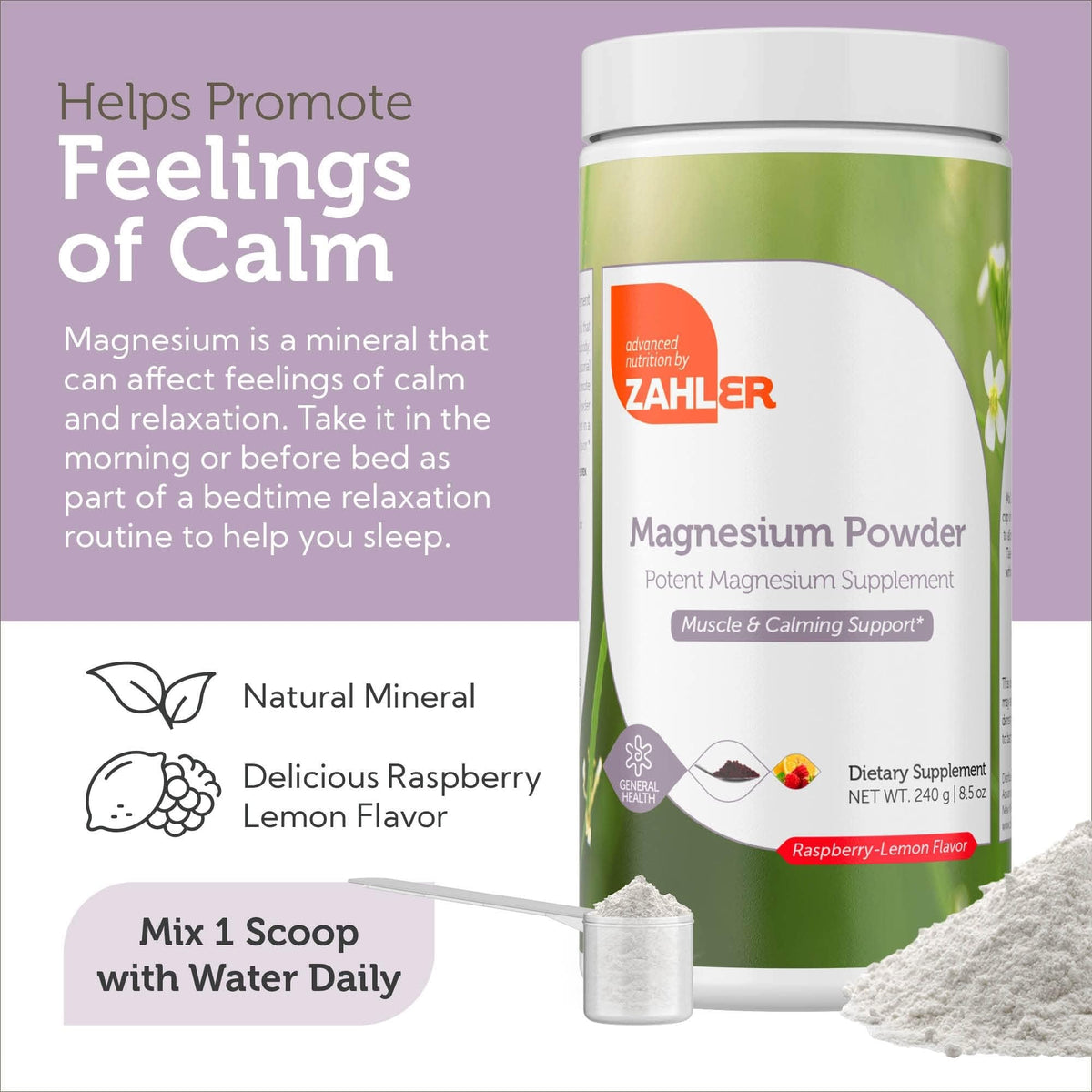 Zahler Magnesium Powder Mix for Water β Raspberry Lemon Flavor, Magnesium Citrate, Kosher, 8.5 oz