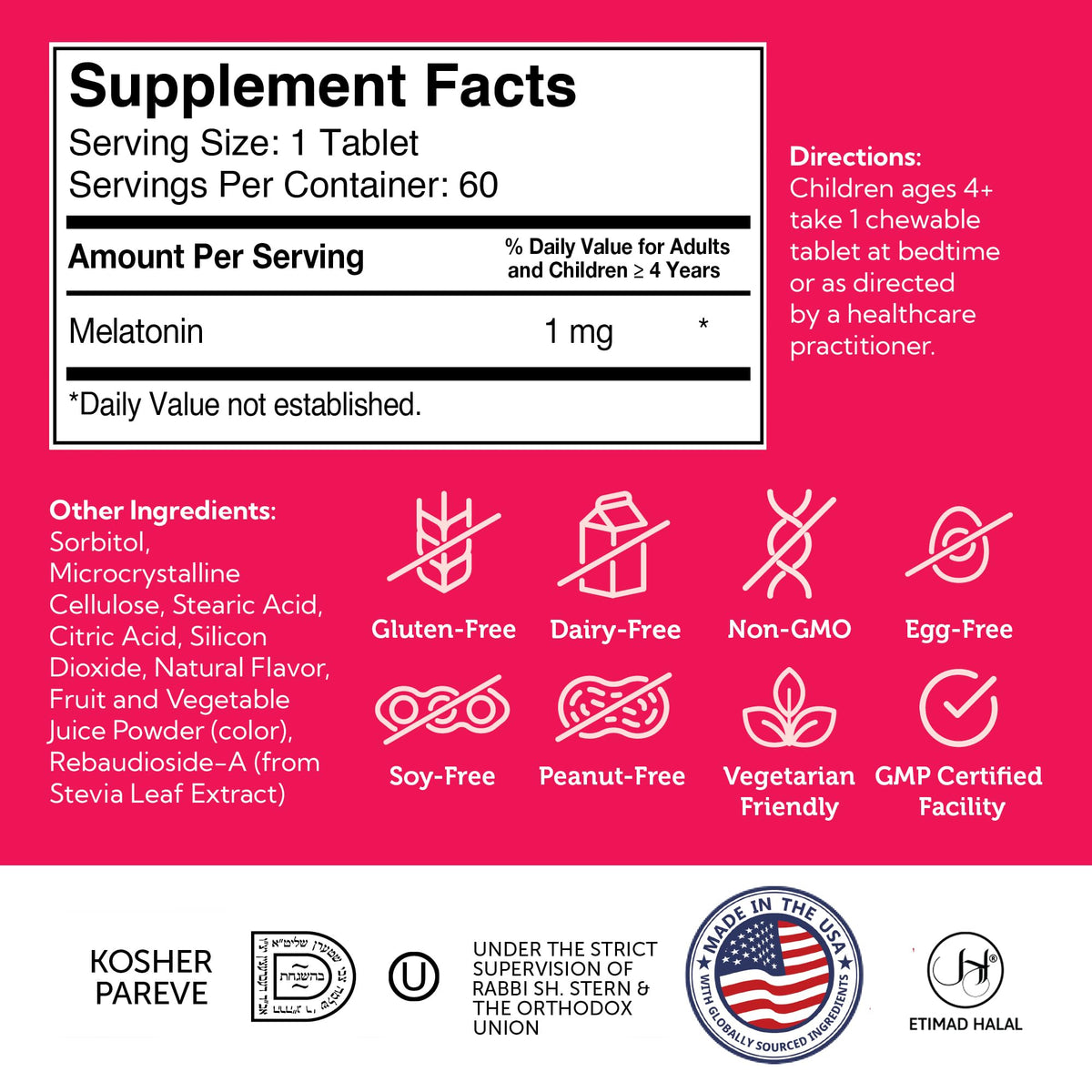 Zahler 1mg Kids Melatonin β Sleep Support for Ages 4+ | Grape Flavor, Kosher, Non-GMO (60 ct)