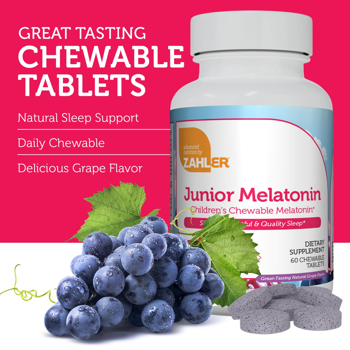Zahler 1mg Kids Melatonin β Sleep Support for Ages 4+ | Grape Flavor, Kosher, Non-GMO (60 ct)