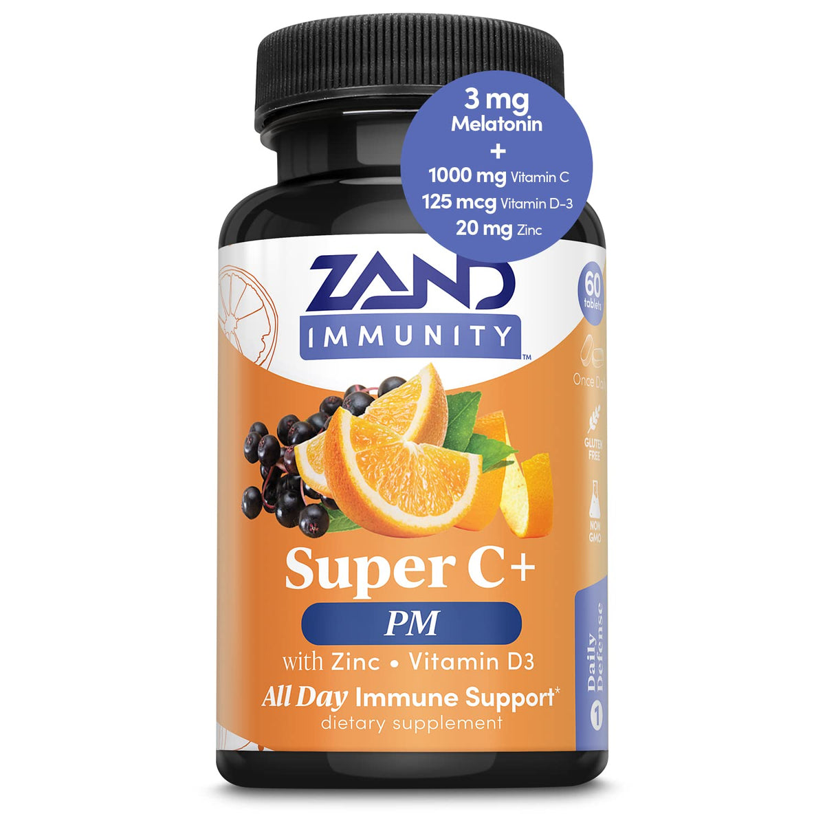 Zand Immunity Super C+ PM β Nighttime Immune Support with Melatonin, 1000mg PureWay-C, Zinc, D3 & Elderberry | 60 Tablets