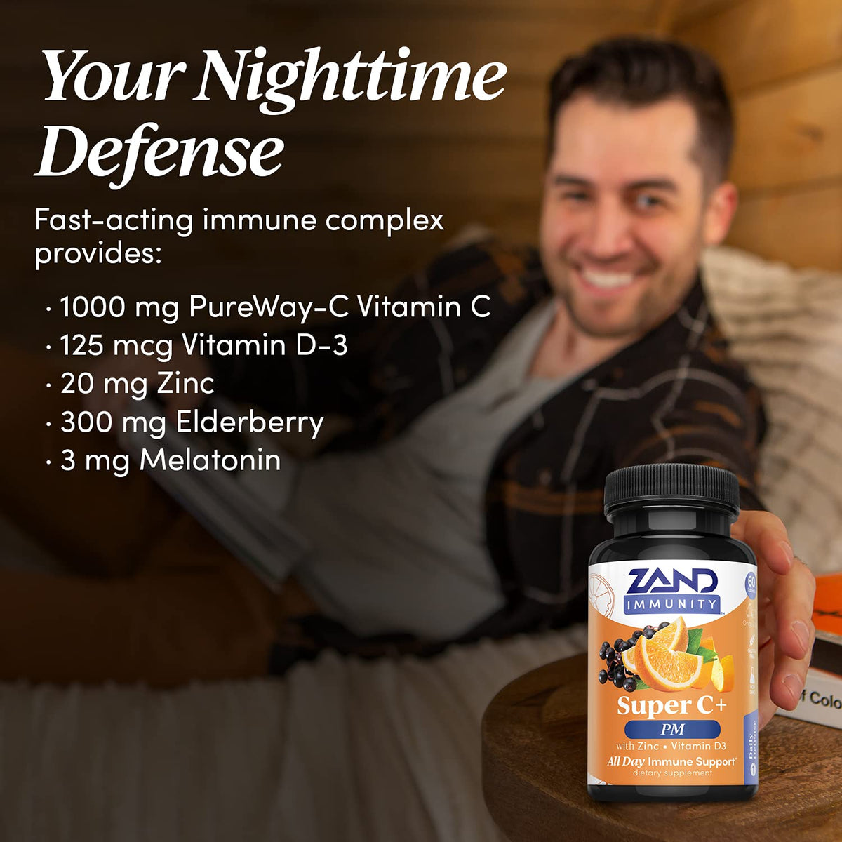 Zand Immunity Super C+ PM β Nighttime Immune Support with Melatonin, 1000mg PureWay-C, Zinc, D3 & Elderberry | 60 Tablets