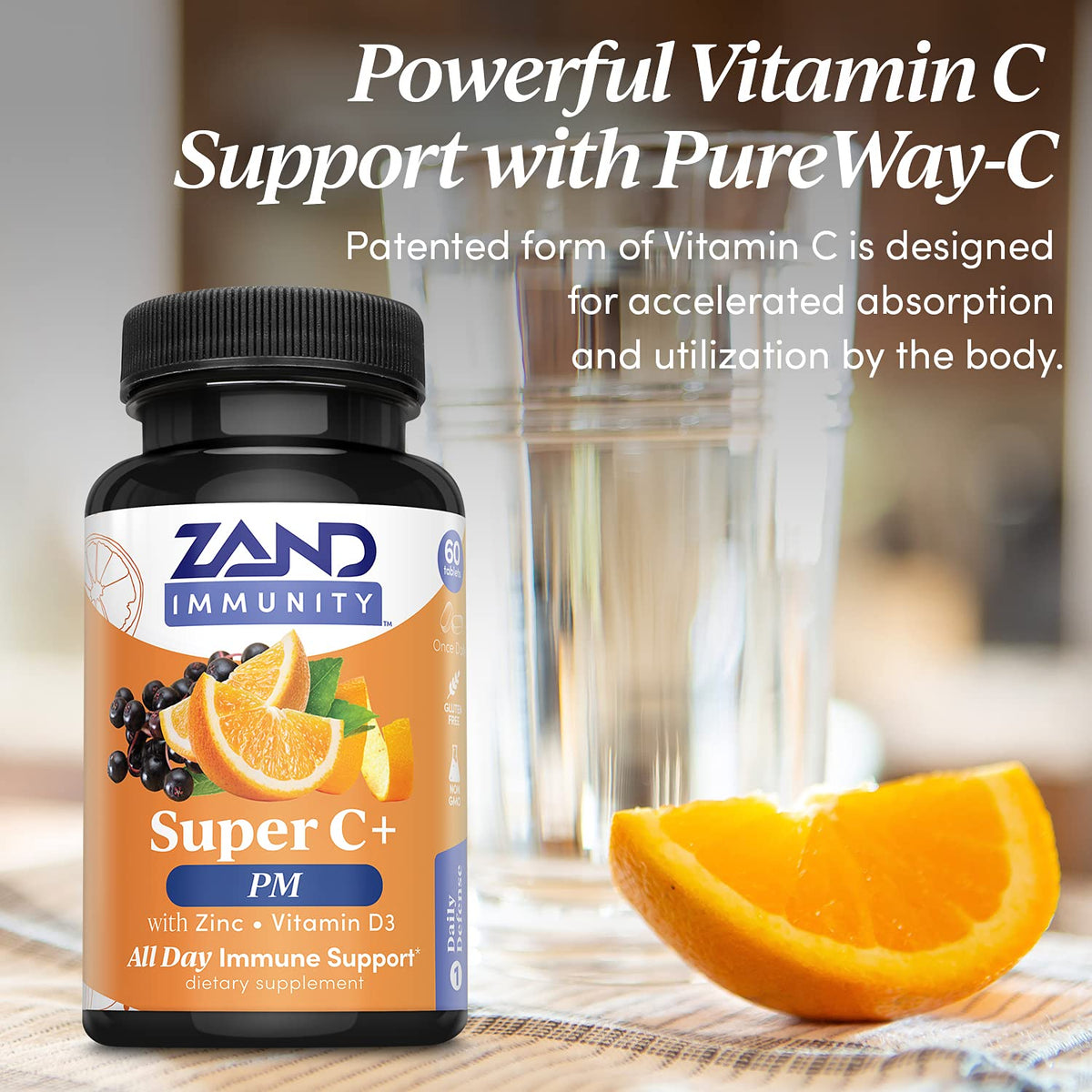 Zand Immunity Super C+ PM β Nighttime Immune Support with Melatonin, 1000mg PureWay-C, Zinc, D3 & Elderberry | 60 Tablets