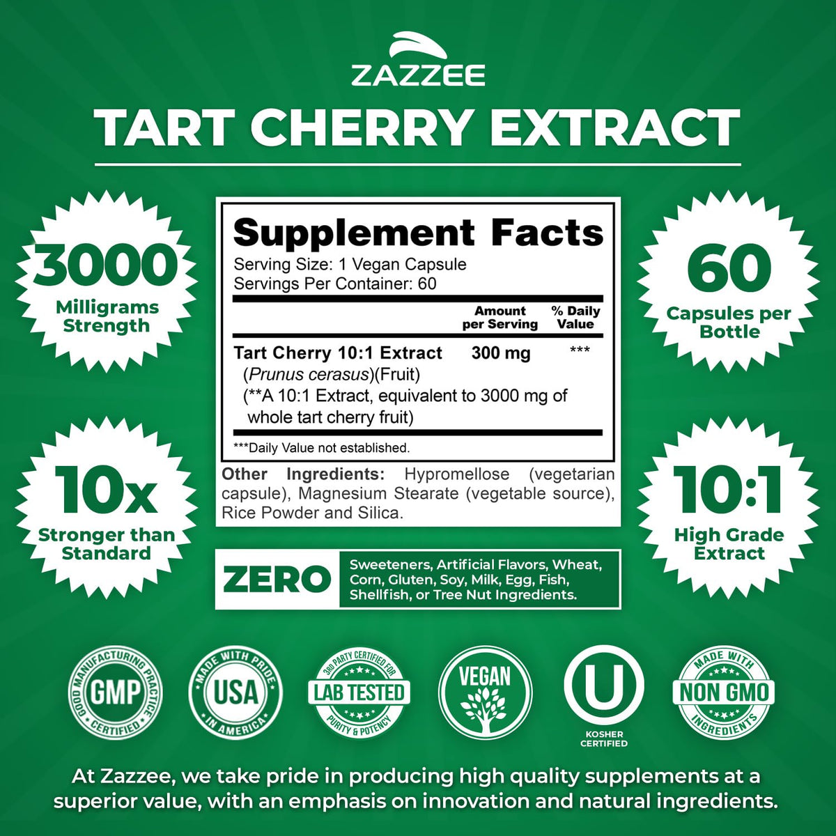 Zazzee Tart Cherry 10:1 Extract β 3000 mg per Capsule, 60 Vegan Capsules, 2-Month Supply, Certified Kosher, Gluten Free, Non-GMO