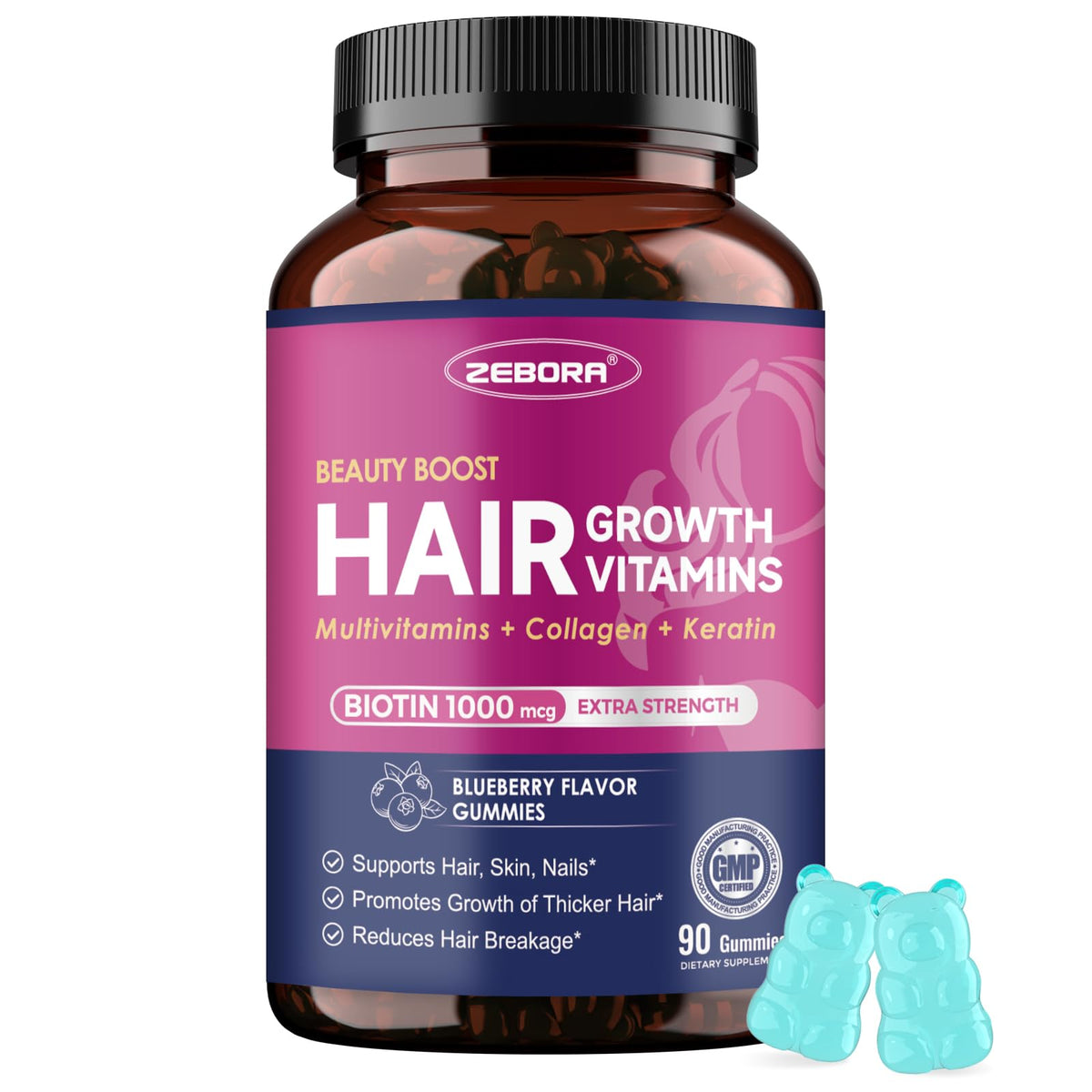 ZEBORA Biotin Gummies for Hair, Skin & Nails | Biotin, Zinc & Vitamins β 90 Blueberry Gummies