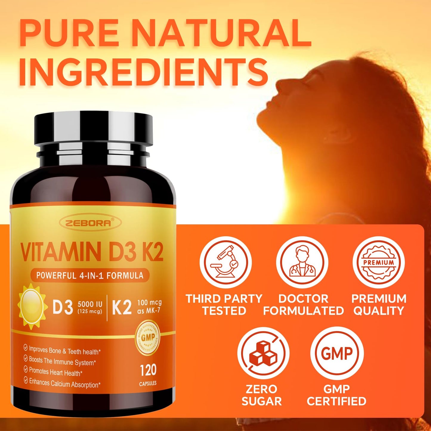 ZEBORA Vitamin D3+K2 5000 IU (MK-7 100 mcg) - 120 Capsules