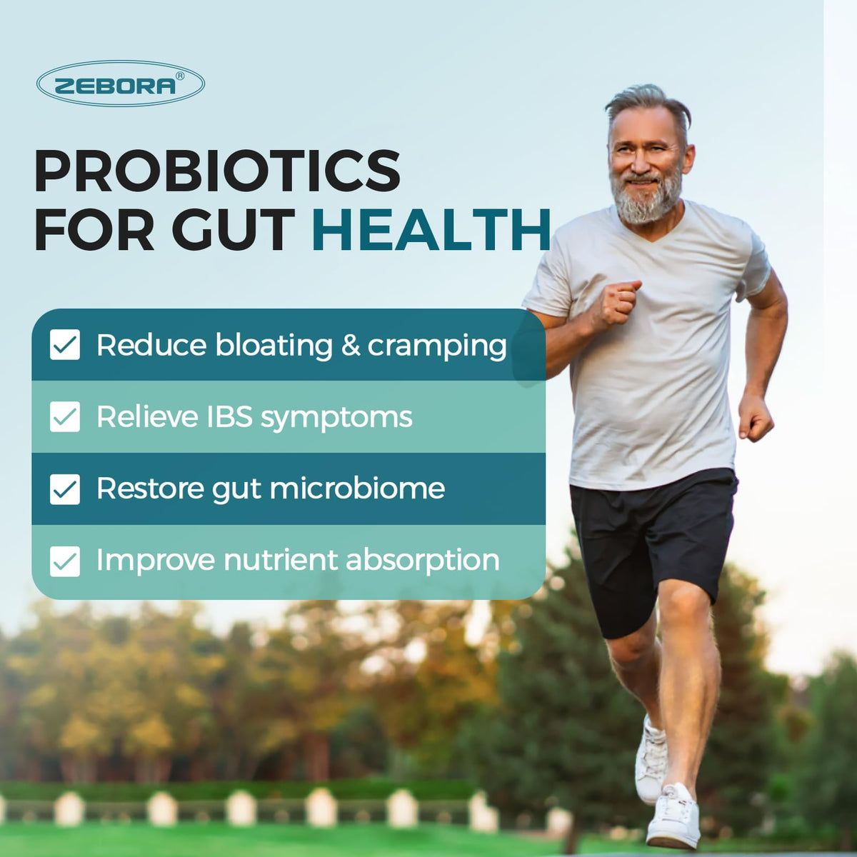 ZEBORA Probiotics for Men + Prebiotics – 60B CFUs, 10 Strains, 90 Tablets, Shelf-Stable, Gluten & Soy Free