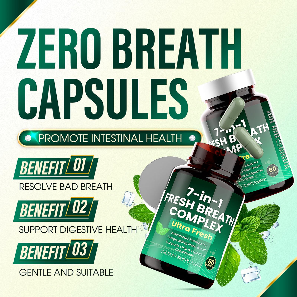 Zero Breath Bad Breath Capsules β 7-in-1 Breath Freshener | Organic Chlorophyllin, Probiotics, Mint