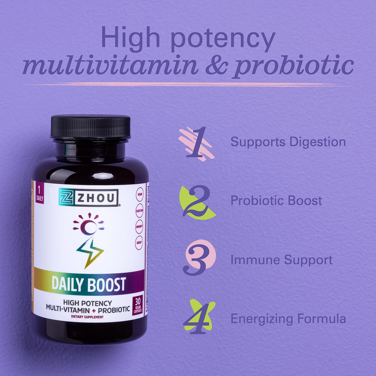 Zhou Daily Boost Probiotic Multivitamin for Women & Men | Immune Support, Energy & Eye Health β 30 Veggie Capsules