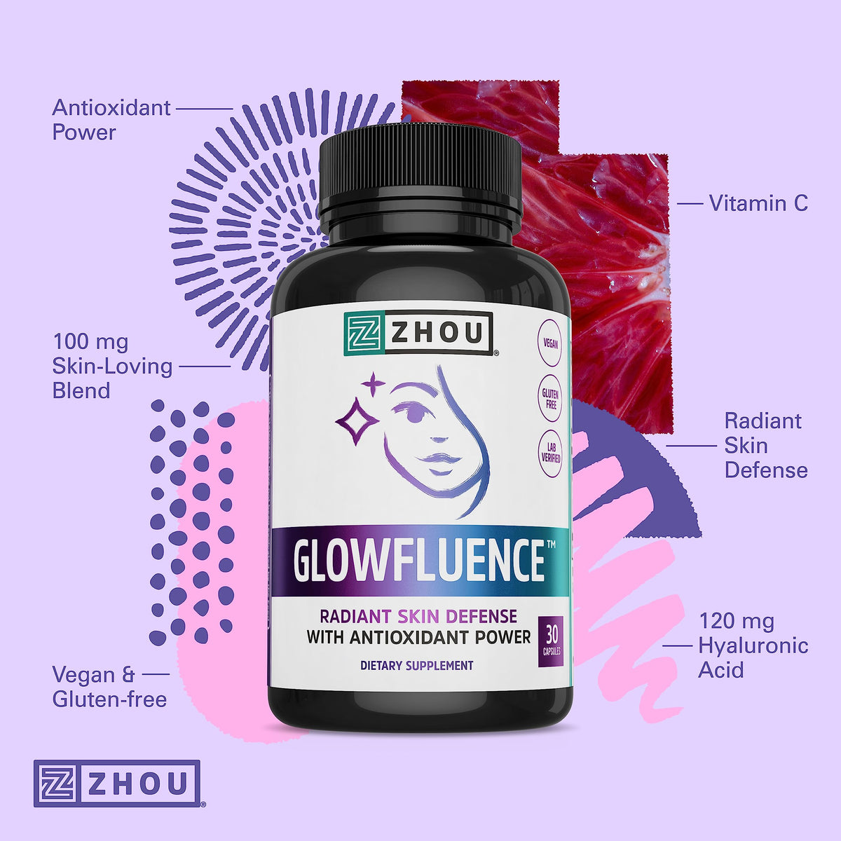 Zhou Glowfluence β Hyaluronic Acid Supplement with Vitamin C & Antioxidants