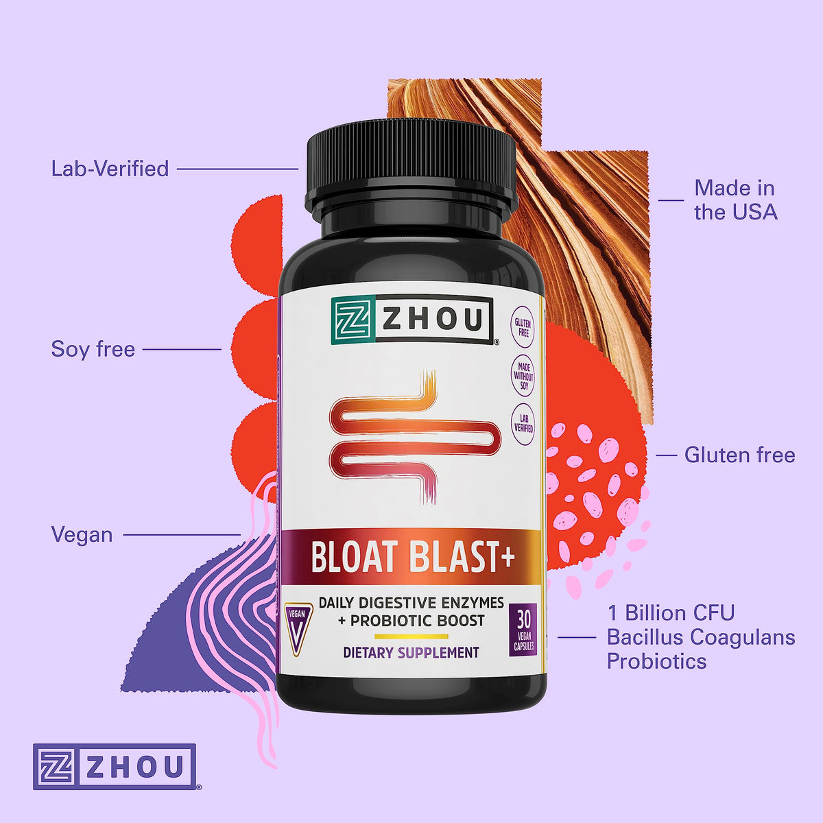 Zhou Bloat Blast+ Digestive Enzymes with Probiotics β 30 Veggie Capsules