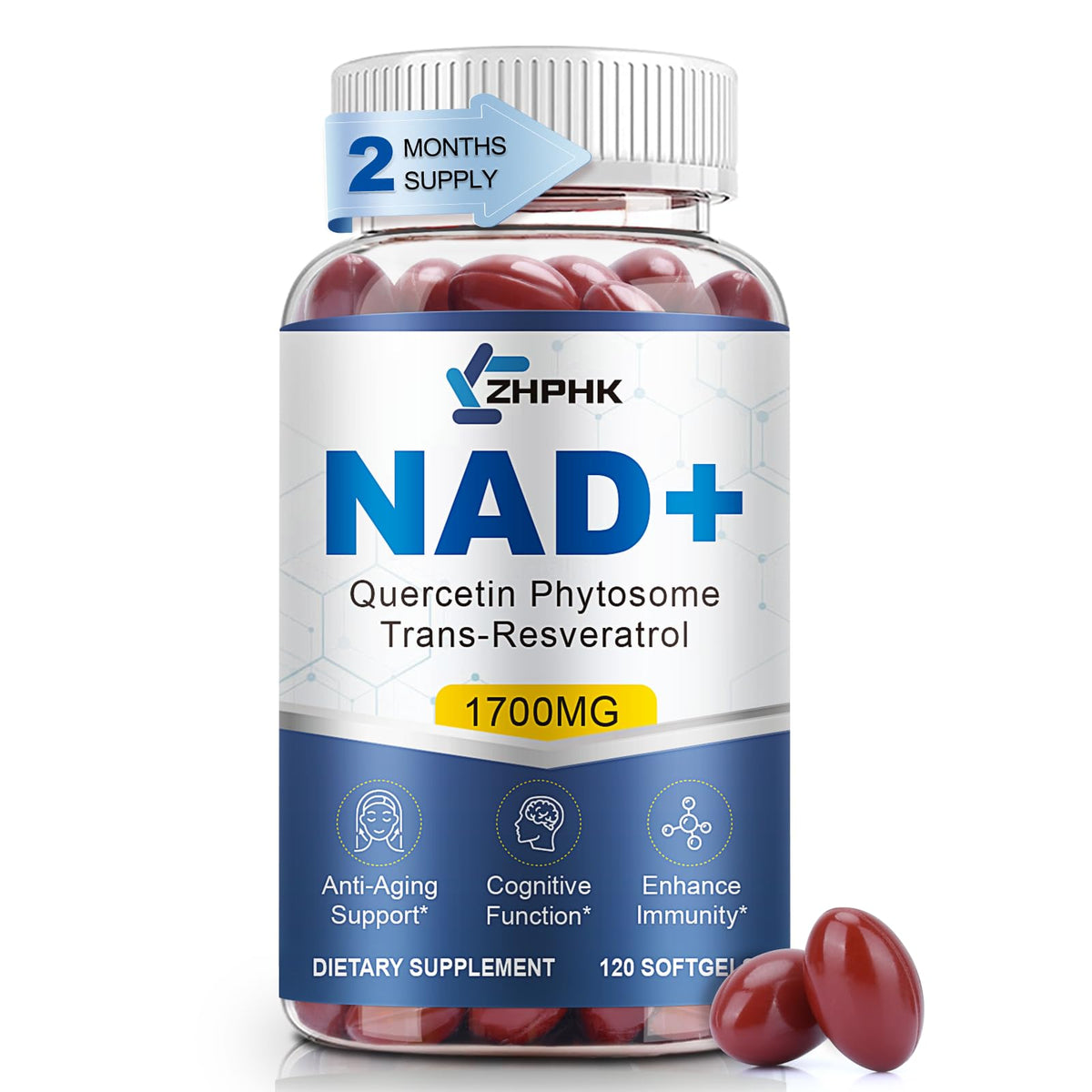 ZHPHK 1700mg NMN with Resveratrol, Nicotinamide Riboside Quercetin Phytosome & TMG β NAD Energy, Anti-Aging, 120 Count