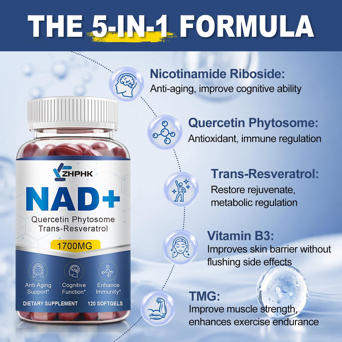 ZHPHK 1700mg NMN with Resveratrol, Nicotinamide Riboside Quercetin Phytosome & TMG β NAD Energy, Anti-Aging, 120 Count