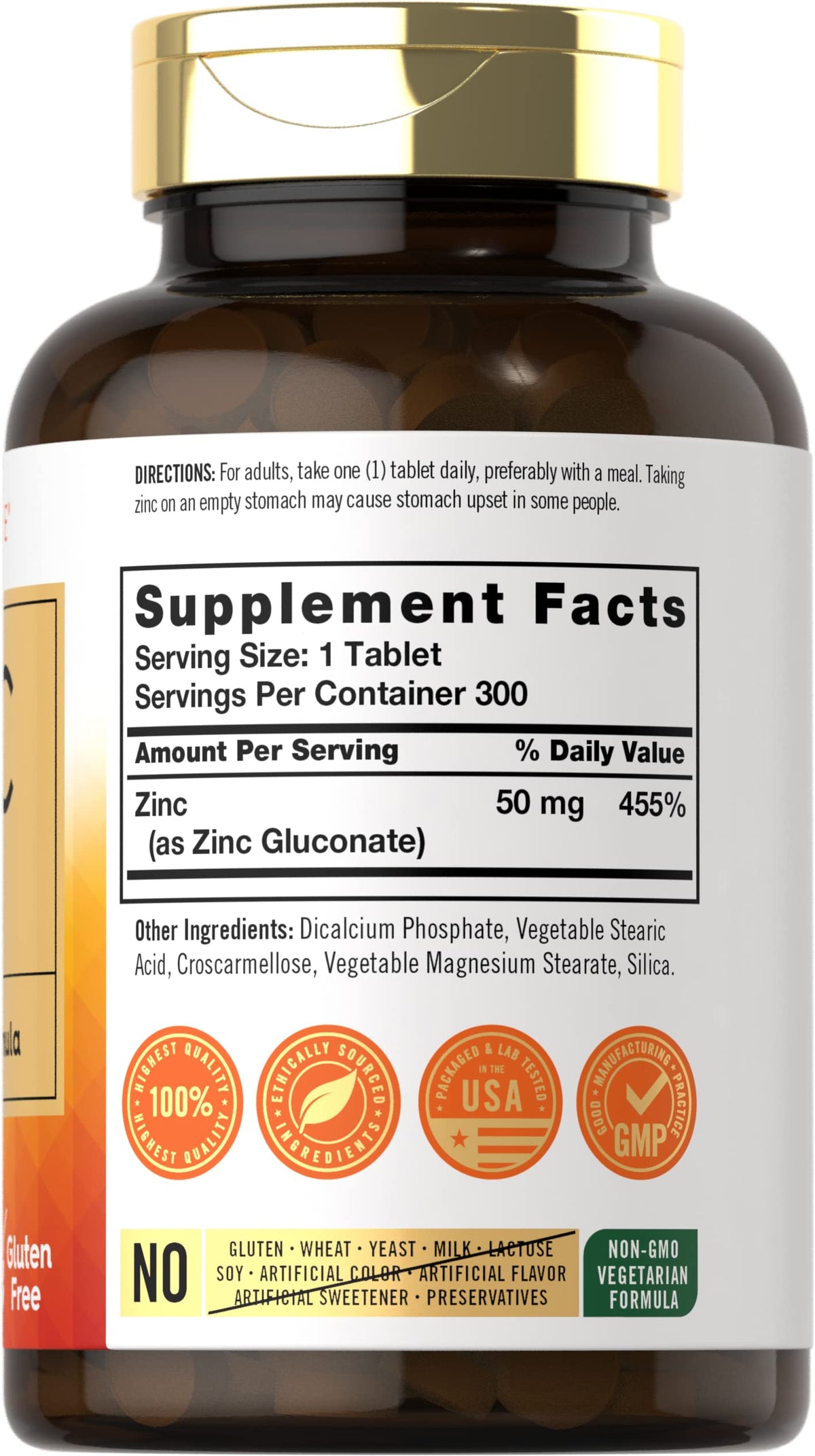 Carlyle Zinc 50mg β 300 Tablets | Vegetarian, Non-GMO, Gluten Free | Zinc Gluconate | High Potency