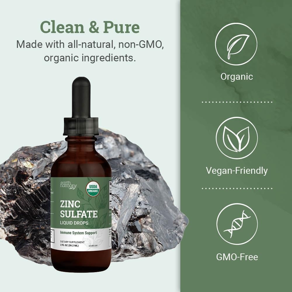 Organic Liquid Zinc Sulfate β Vegan, Non-GMO, 2 oz (7.5 mg) for Skin, Immunity & Cell Growth