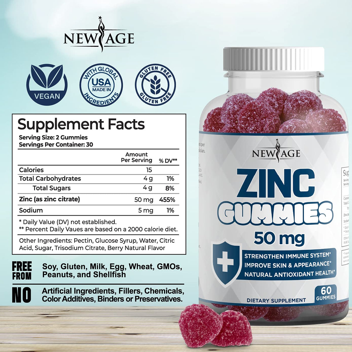 Zinco Gommose Confezione da 2 – Integratore di Zinco da 50 mg per il Sistema Immunitario con Vitamina C | Non-GMO | New Age